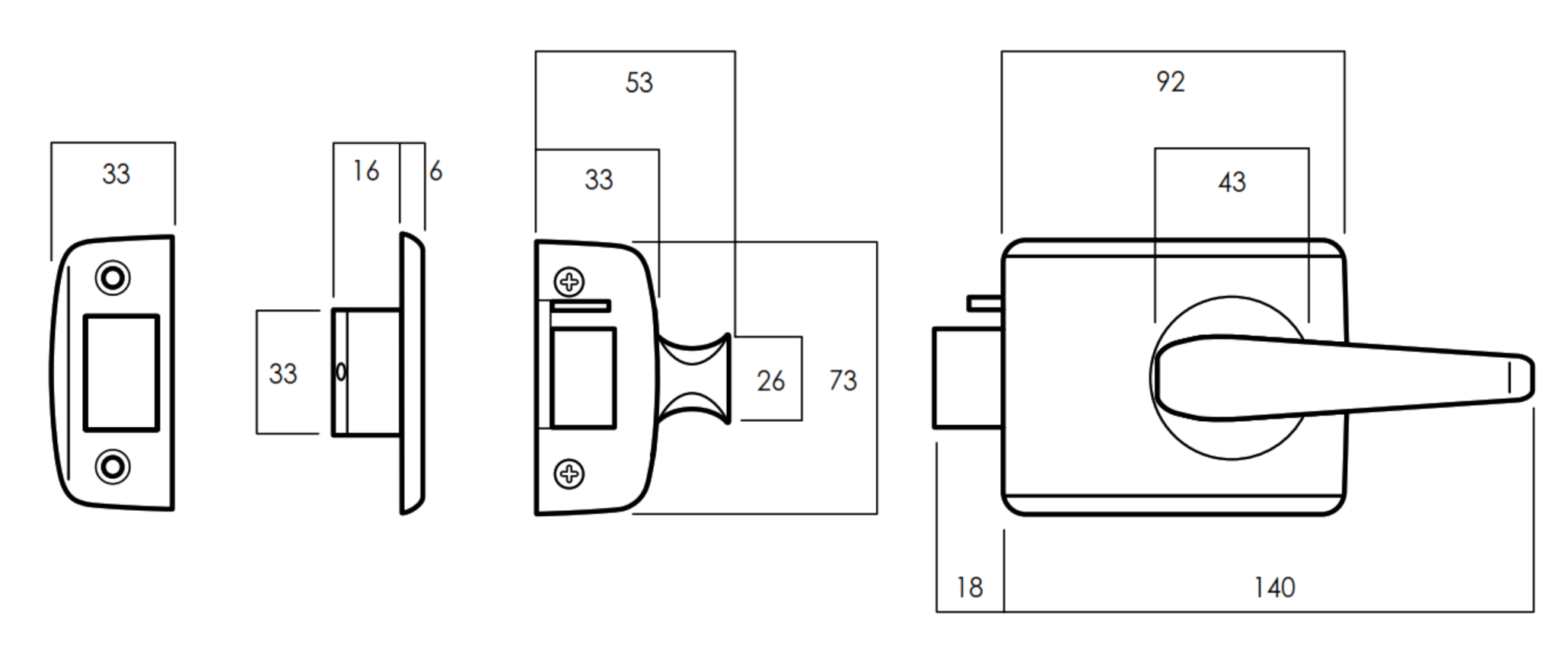 Lockwood 002-1L1SP technical drawing showing latch and timber frame strike end and plan profiles