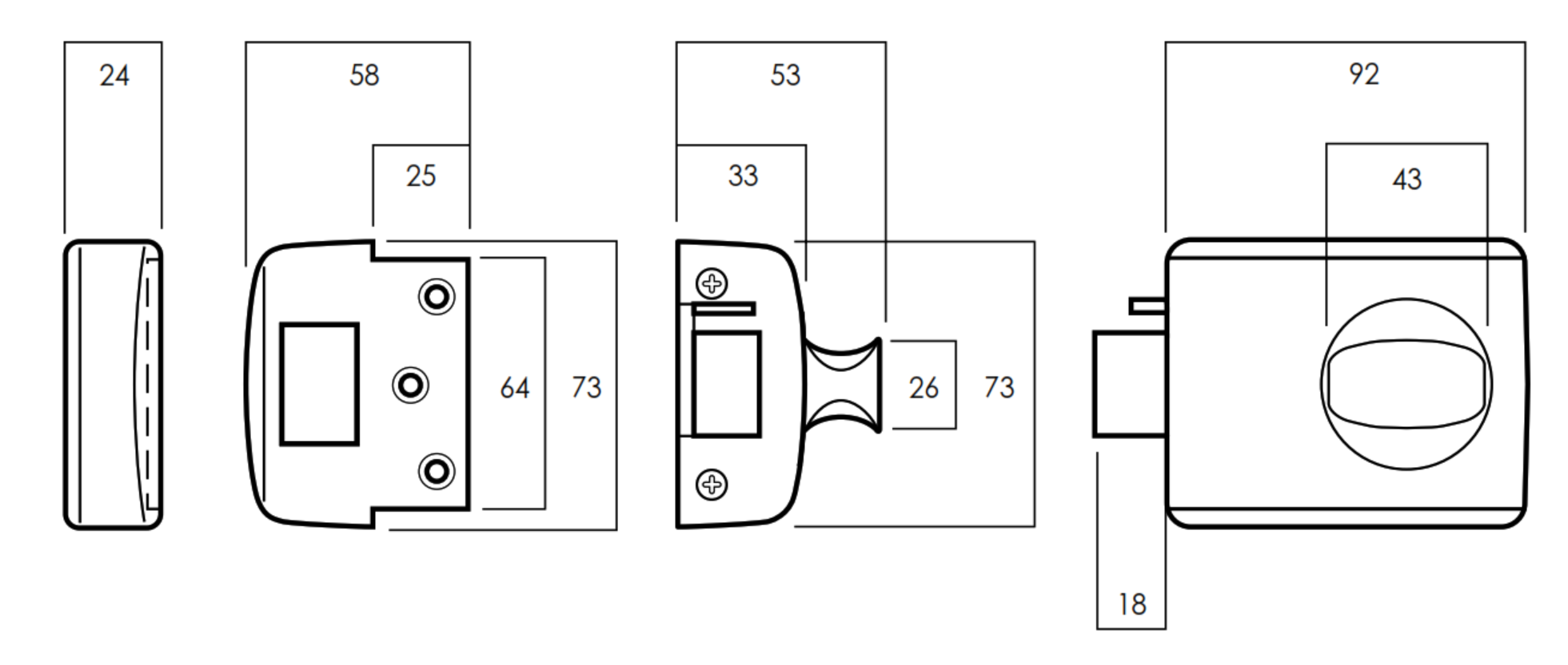 Lockwood 002-1K1SP technical drawing showing latch and timber frame strike end and plan profiles