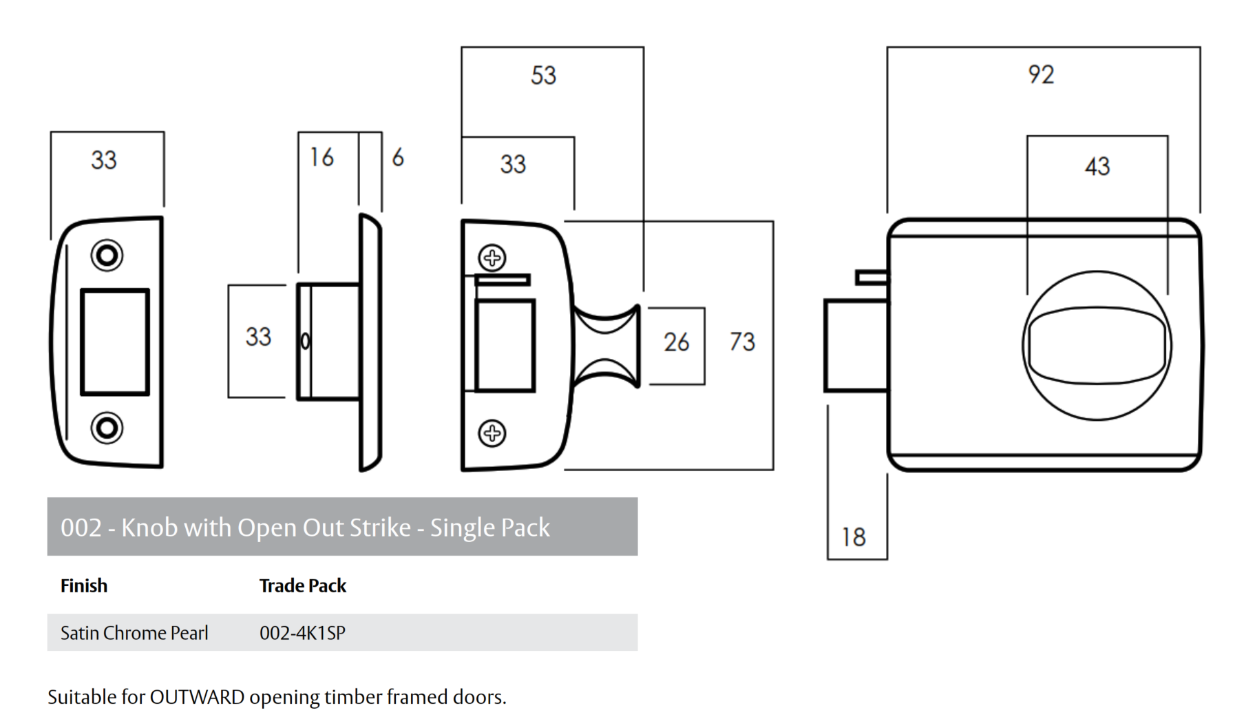 Lockwood 002 Internal Knob Open Out Strike Dimensions