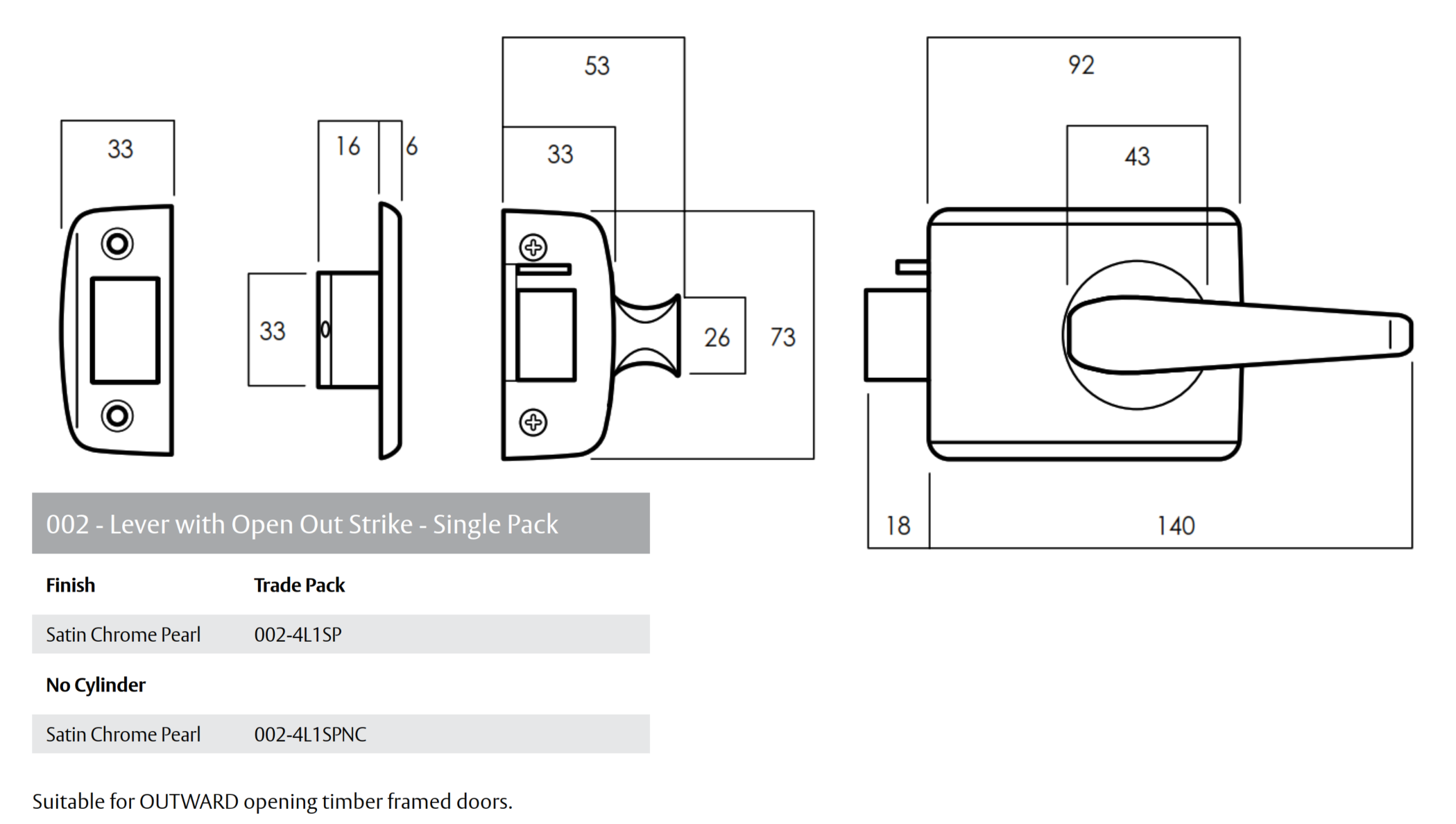 Lockwood 002 Internal Lever Open Out Strike Dimensions