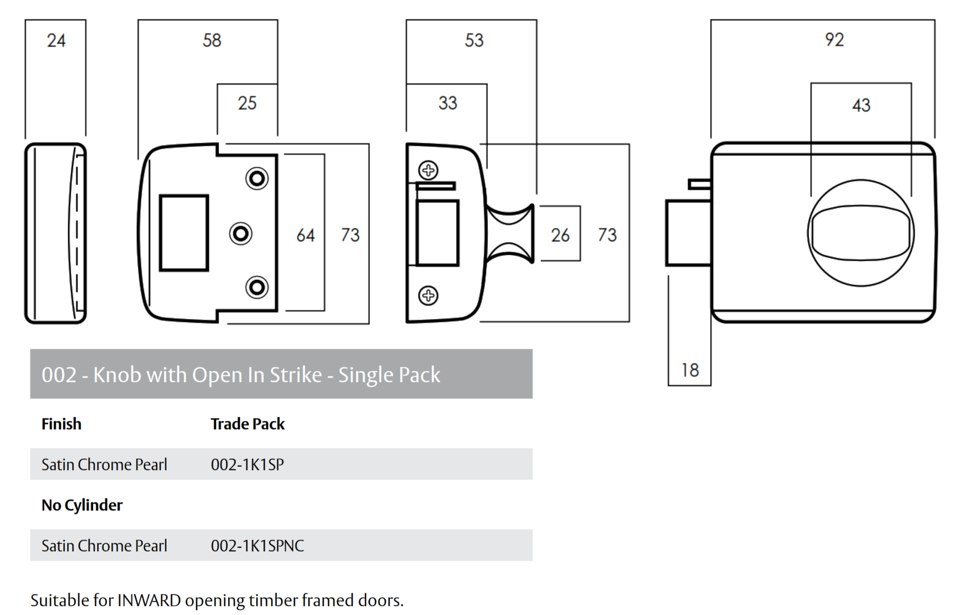 Lockwood 002 Internal Knob Open In Strike Dimensions