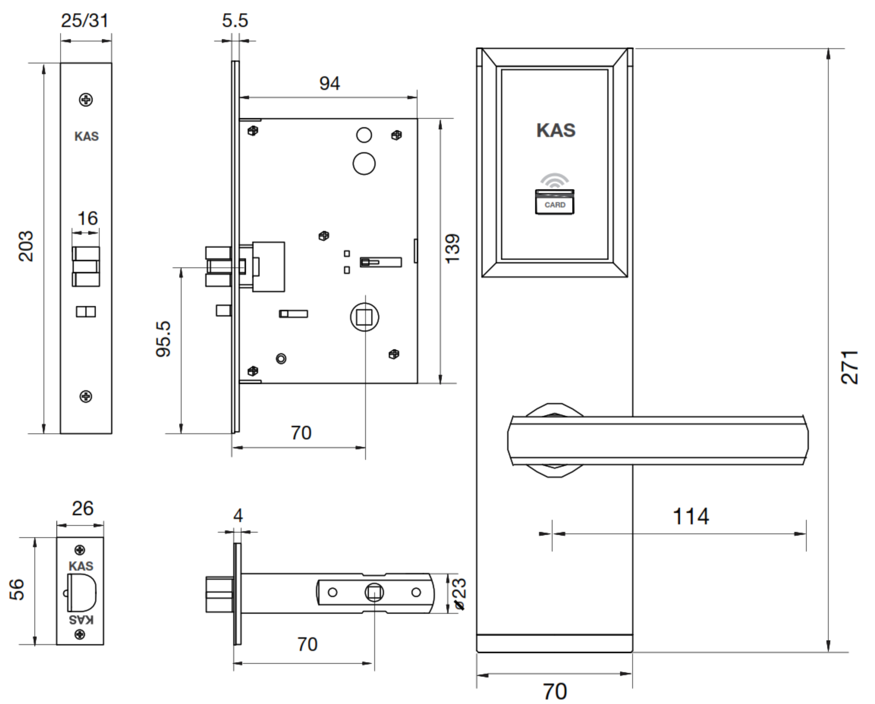 KAS Platinum mortice, latch and lock dimensions