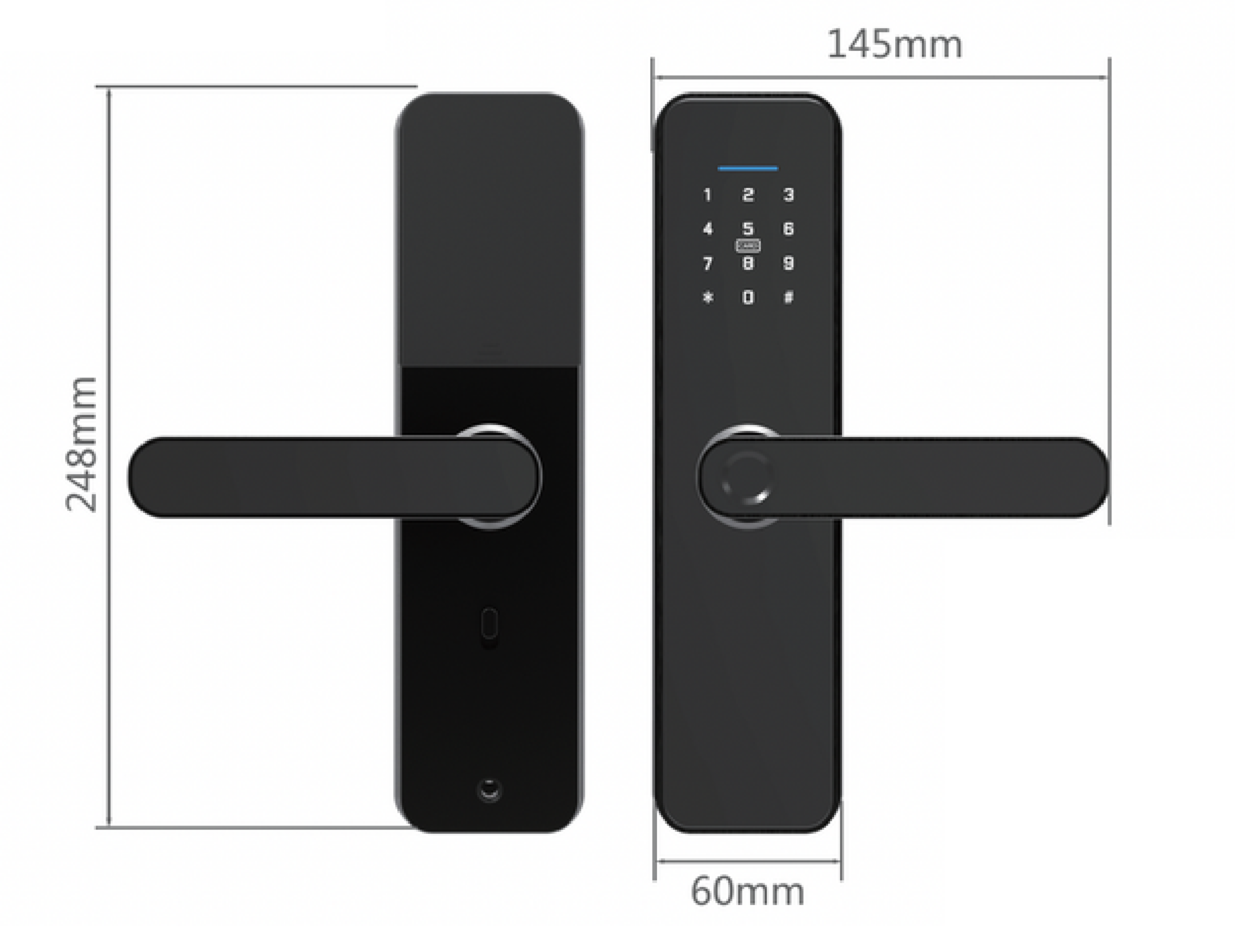 Vault smart lock dimensions drawing showing overall measurements and fixing positions