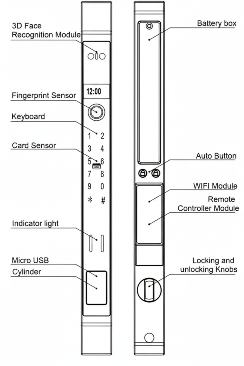 Vault smart lock layout diagram showing internal and external components and control layout