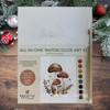 Beginner-friendly All-In-One Watercolor Kit featuring a cluster of softly hued mushrooms.