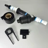 Irrigation system bundle components including tubing, premium garden hose connector, field holder and stopper.