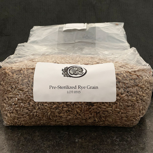 Ready-to-use pre-hydrated, sterilized rye grain substrate for expanding cultures and making grain masters.