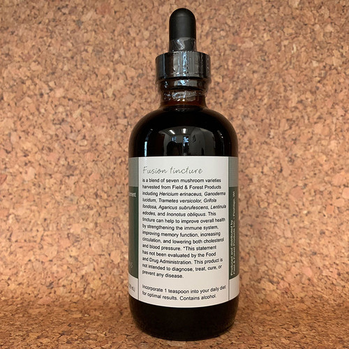 Ingredient list of our Fusion Tincture made from Field and Forest Products own sourced fresh mushrooms.