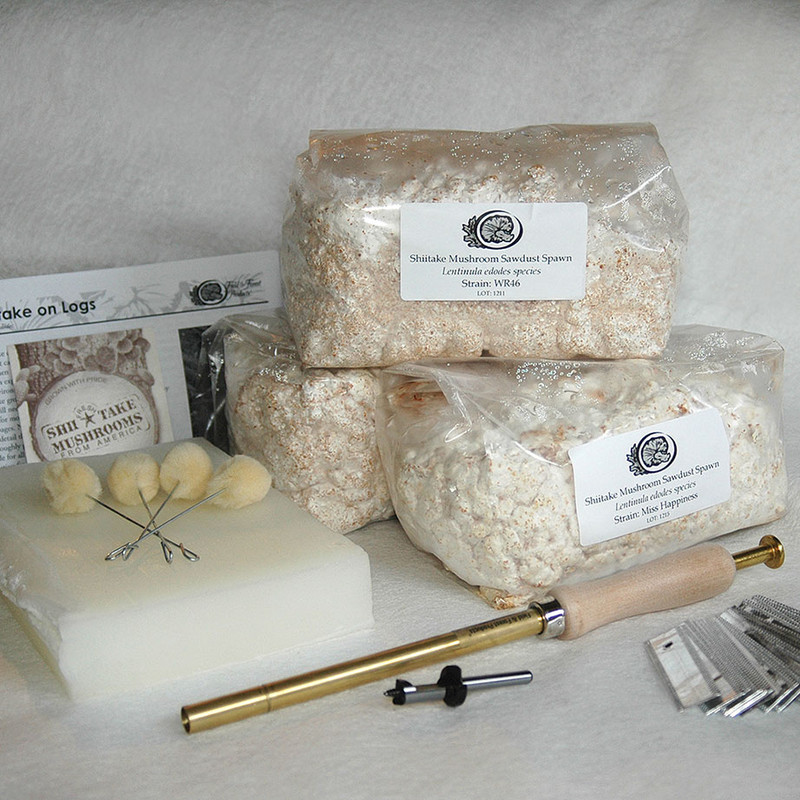 The Shiitake 3-Season Sawdust Collection Kit includes Warm, Cool and Wide Range strains. Inoculates 30 logs.