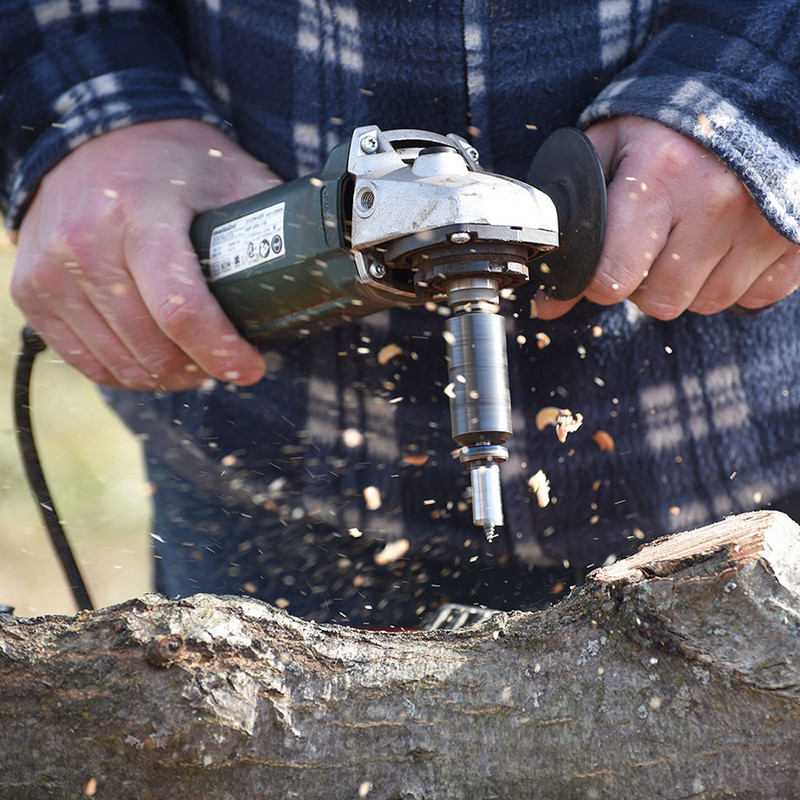 The Express Drill Tool, a converted angle grinder for high-speed drilling. Includes grinder, adapter and 13.5mm bit with stop.
