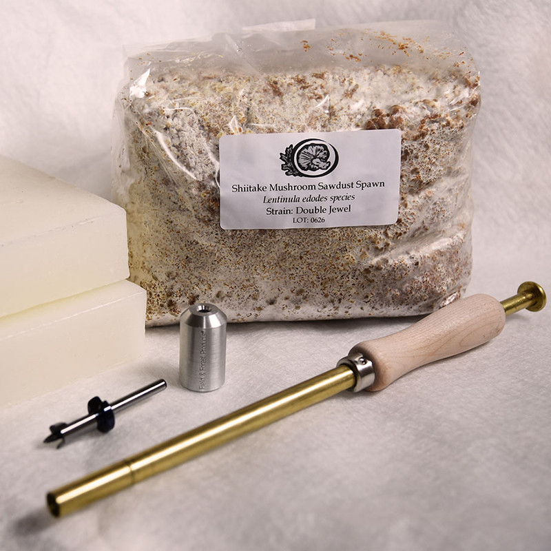 Shiitake sawdust spawn bundle includes spawn, angle grinder adapter, thumb tool, bit and cheese wax to inoculate mushroom logs.