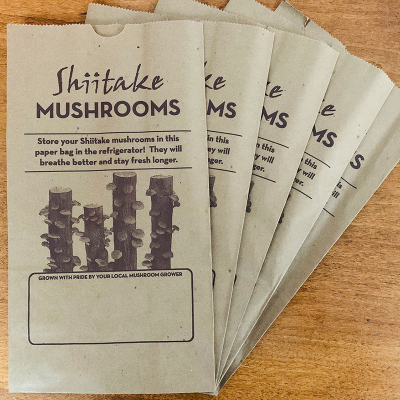 Kraft bags preprinted with storage information, recipes, Shiitake image and a place for personal farm or business info.
