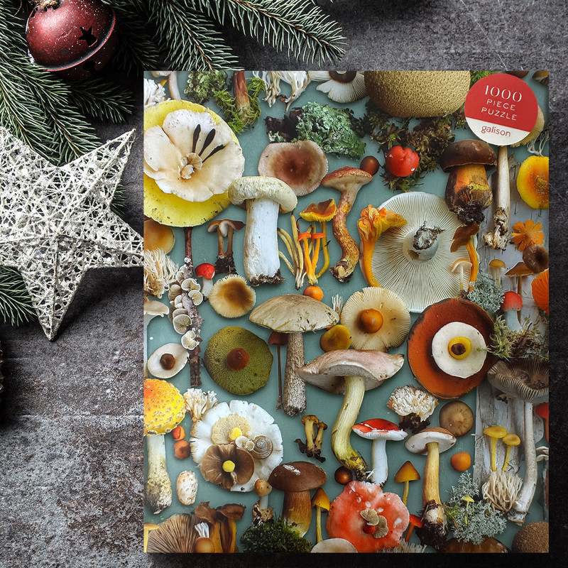 Beautiful and unique puzzle featuring a wide assortment of colorful foraged mushrooms.