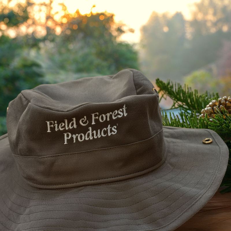Stylish embroidered Field and Forest Products outback hat- perfect for gardening and working in the laying yard.