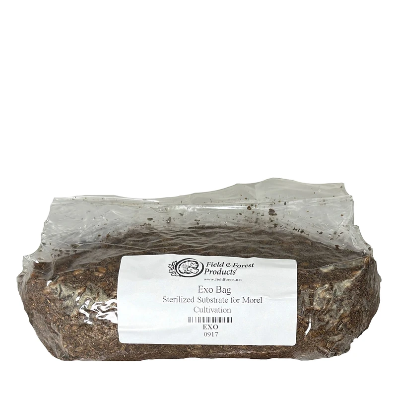 A bag of exogenous sterilized nutrient mix (EXO) that is used on morel beds to promote mushroom fruiting in the spring.