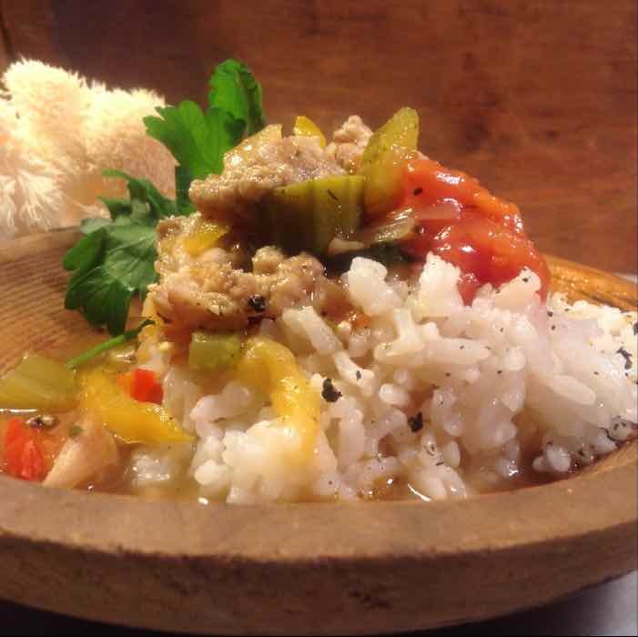 A bowl of gumbo made with lion's mane.