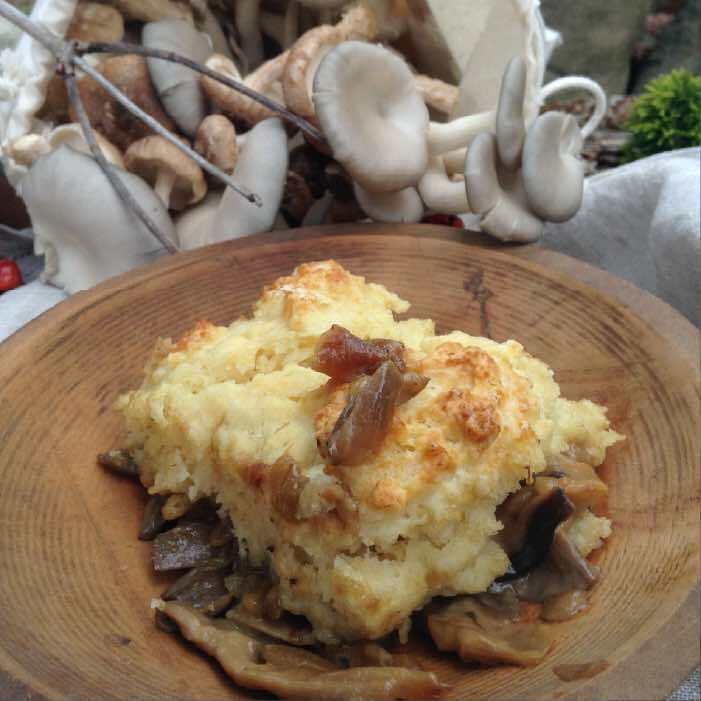 Mushroom bread pudding on a plate. 