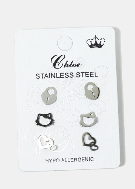 Chloe - 3-Pair Heart & Cat Stud Earrings
