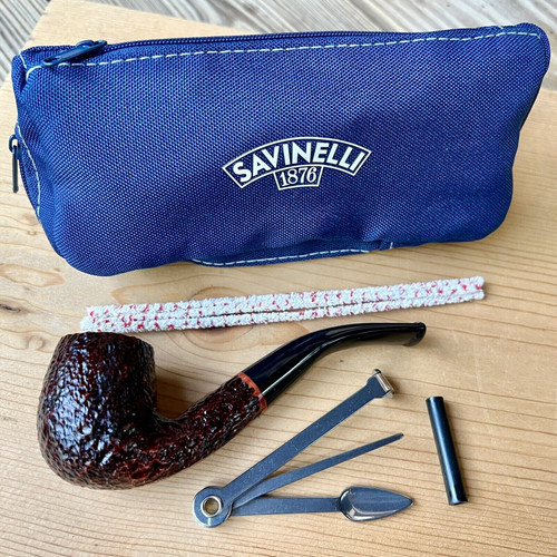 Savinelli One Starter Kit Rusticated Bent Billiard (601) 6mm Filter Pipe w/ Case
