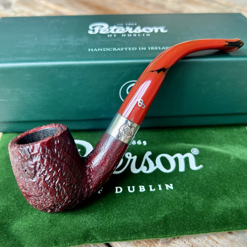 Peterson Irish Harp Sandblasted Bent Billiard (65) Fishtail Pipe Sterling Silver