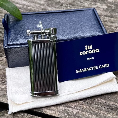 IM Corona Old Boy Pipe Lighter Chrome Plated Pin Stripe Japan Made - NEW 3306