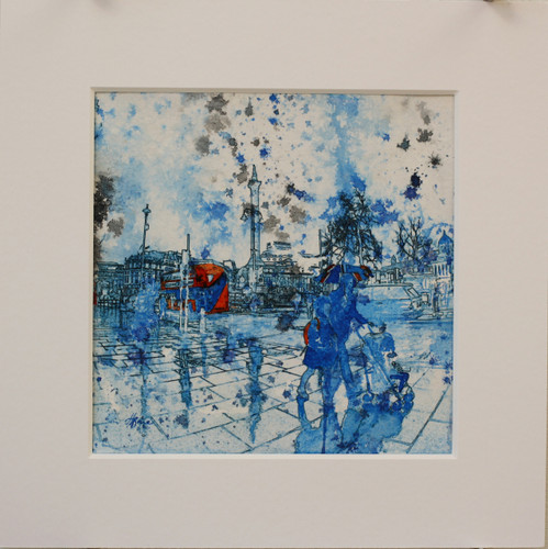 London in the Rain School Run in Blue