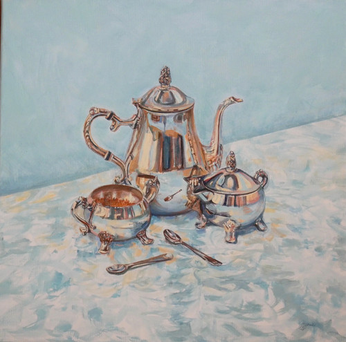 Silverware on table in duck egg blue still life