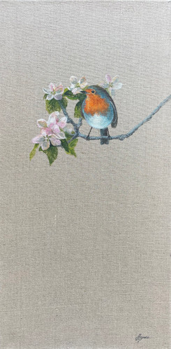 Robin and Apple Blossom on Linen