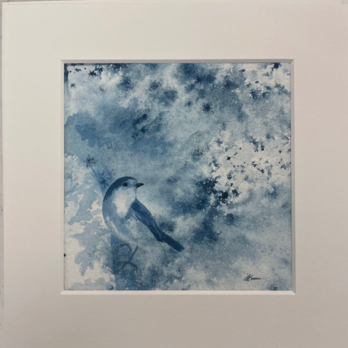 Robin painting in Blue ink mounted in white