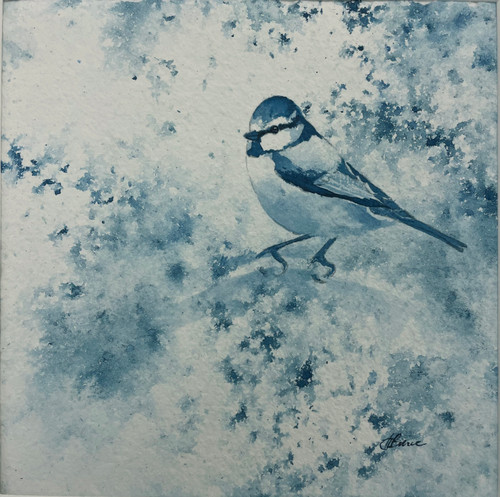 Blue tit in lightfast Ink on Paper, painting, drawing, Blue style