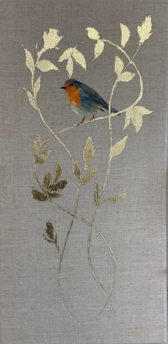 Rosy Robin on Ornamental Rose in Gold Leaf