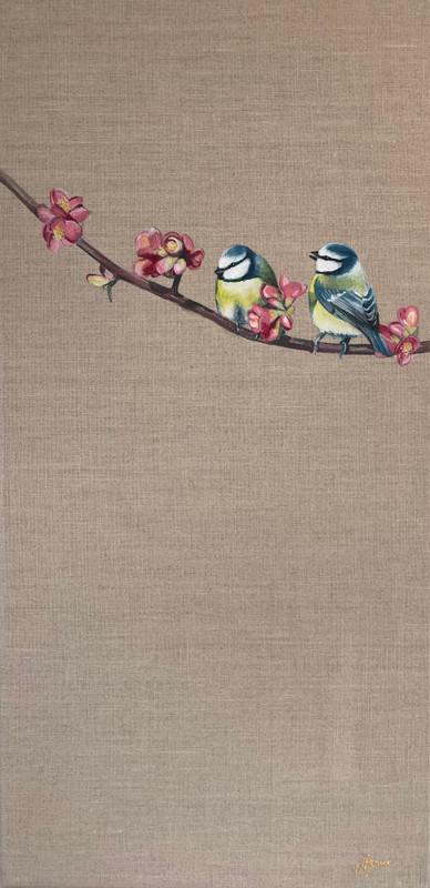 Pair of Blue Tits on Linen