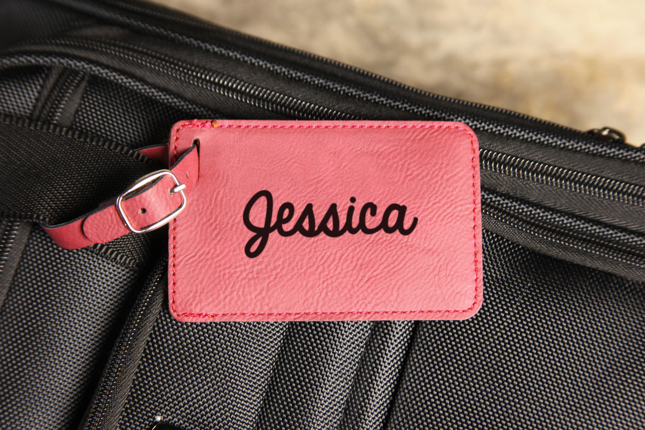 pink leather luggage tag