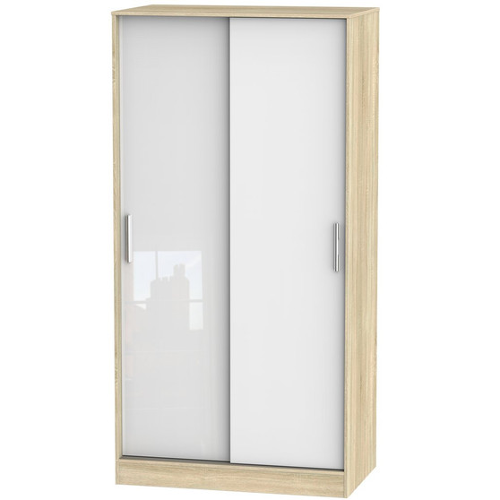 Contrast Sliding Wardrobe (100cm wide) in White Gloss & Bardolino Oak - CTR110WGBO.jpg