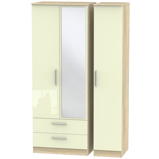 Contrast Tall Triple 2 Drawer Mirrored Wardrobe in Cream Gloss & Bardolino Oak - CTR142CGBO.jpg