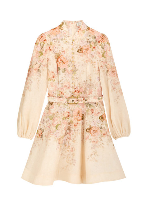 Illustration floral-print linen mini dress