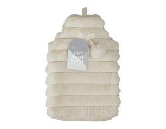 Faux Fur Ribbed Hot Water Bottle With Pom Poms 1.7L - Cream
