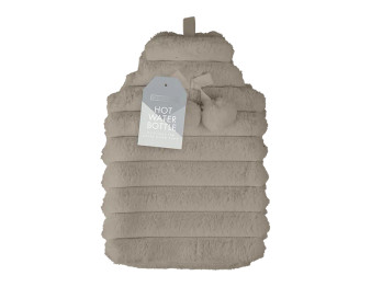 Faux Fur Ribbed Hot Water Bottle With Pom Poms 1.7L - Mocha