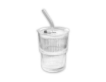 Ribbed Glass Cup With Straw & Lid 360ml