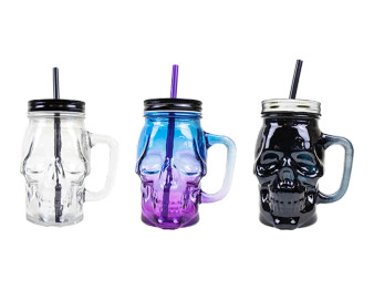 Skull Jar With Lid & Straw - Assorted