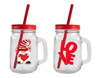 Valentine's Mason Jar with Straw 450ML - Assorted