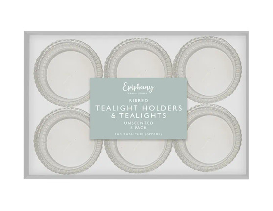Ribbed Tealight Holders With Tealights 6pk