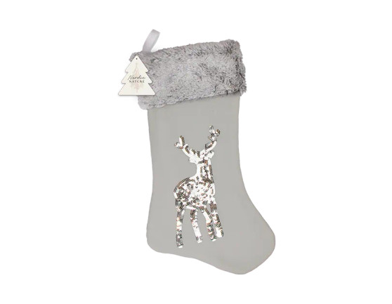 Sequin Reindeer Faux Fur Stocking - Grey