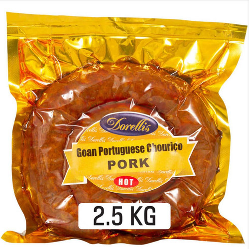 Dorellis Goan Portuguese Sausage (Chorizo) 2.5 KG pack. Made from 100% Australian Pork and authentic Goan Coconut toddy vinegar. Available in either Hot, Mild or Mixed.
