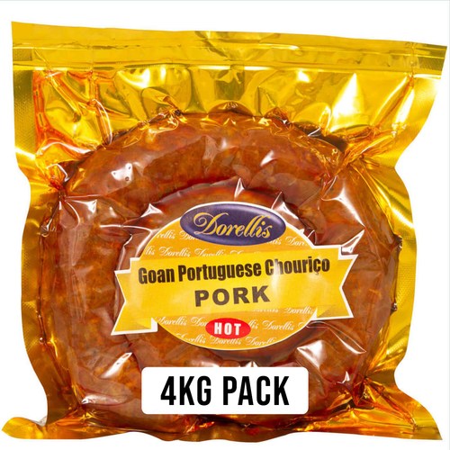 Dorellis Goan Portuguese Sausage (Chorizo) 5 KG pack. Made from 100% Australian Pork and authentic Goan Coconut toddy vinegar. Available in either Hot or Mild spice.