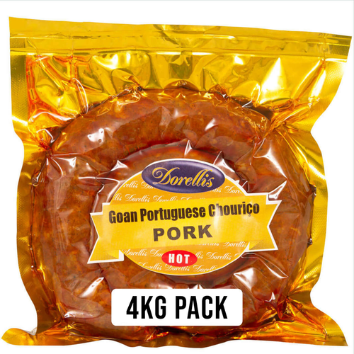 Dorellis Goan Portuguese Sausage (Chorizo) 5 KG pack. Made from 100% Australian Pork and authentic Goan Coconut toddy vinegar. Available in either Hot or Mild spice. Dorellis Goan Portuguese Sausage (Chorizo) 5 KG pack. Made from 100% Australian Pork and authentic Goan Coconut toddy vinegar. Available in either Hot or Mild spice.