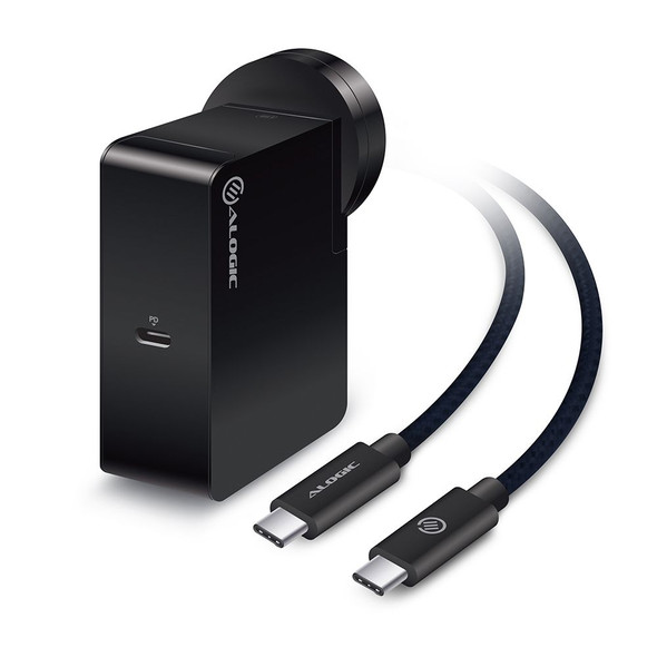 ALOGIC USB-C Power Adapter 60W-Black Colour (UV Oil Finish) with AU/EU/UK/US Plugs, pouch and white PS inner blister - MOQ:2