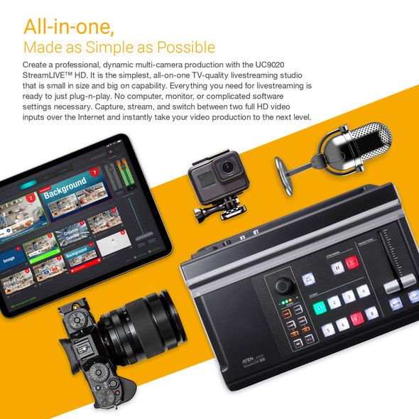 UC9020 StreamLIVE HD is a portable, all-in-one, multi-channel audio/video mixer device