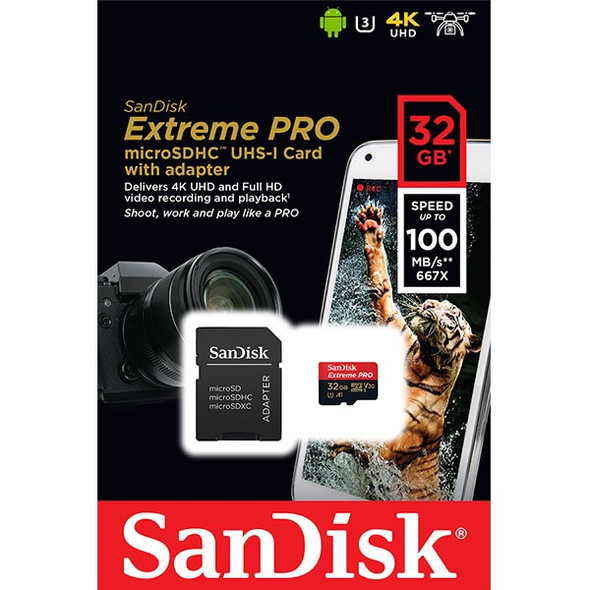 SanDisk Extreme Pro microSDHC, SQXCG 32GB, V30, U3, C10, A1, UHS-1, 100MB/s R, 90MB/s W, 4x6, SD adaptor, Lifetime Limited