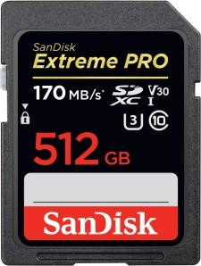 SanDisk Extreme Pro SDXC, SDXXY 512GB, V30, U3, C10, UHS-I, 170MB/s R, 90MB/s W, 4x6, Lifetime Limited